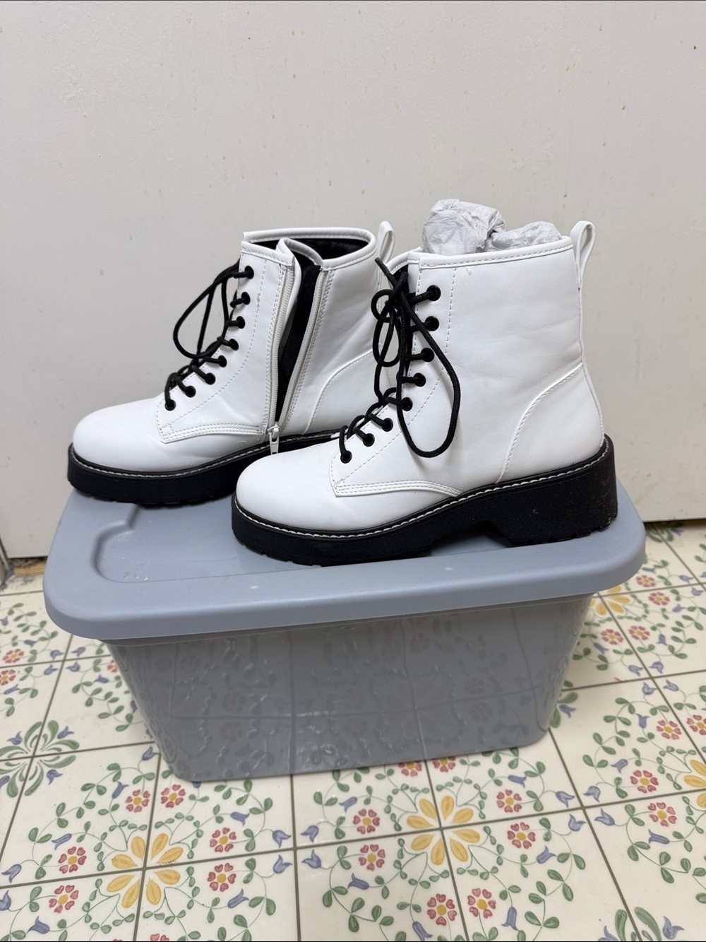 Madden Girl White Lace-Up Platform Combat Boots with Black Soles NWT
